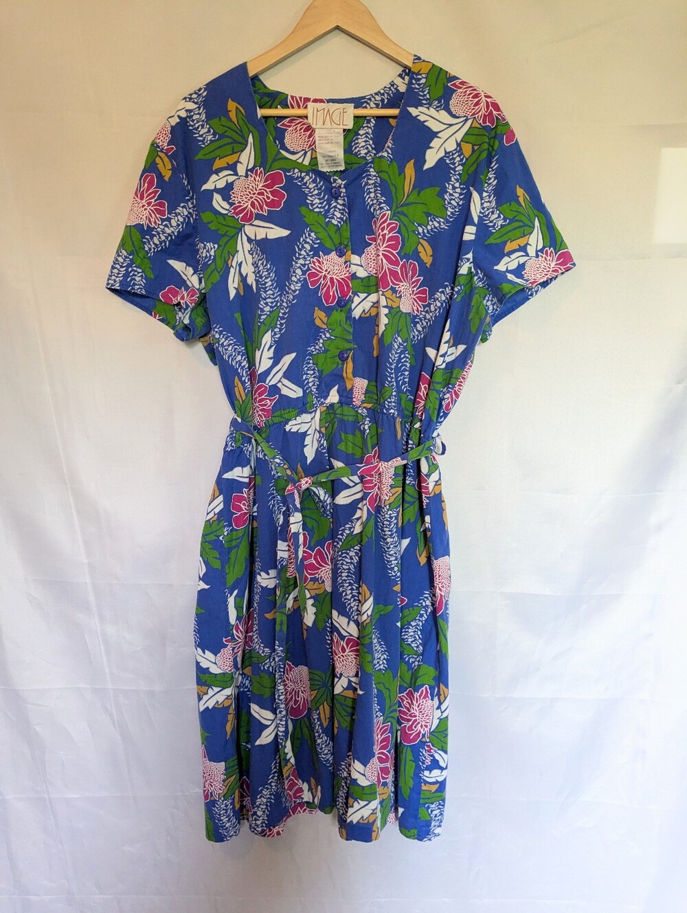 Vintage 90s Image Tropical Floral Button Front Belted Sun Dress 20 22 2X 3X